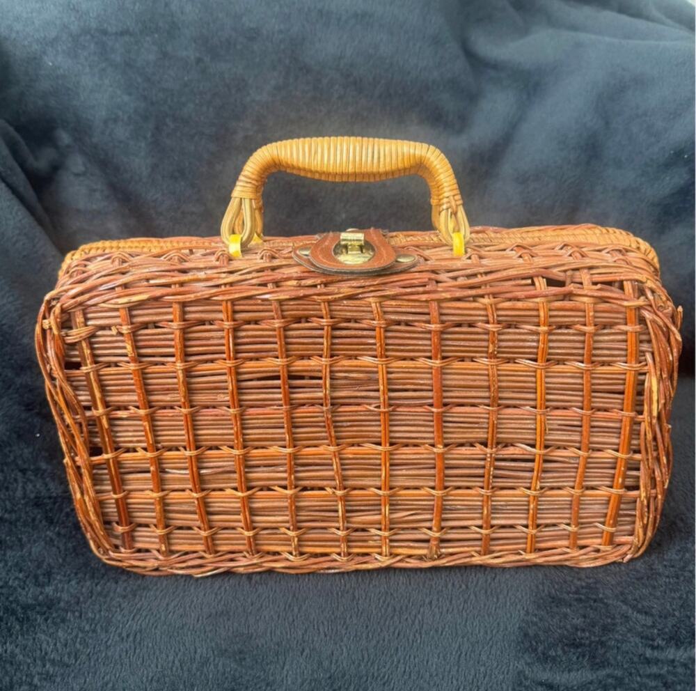 Vintage Wicker Rattan Box Purse Structured Top Handle Basket Handbag